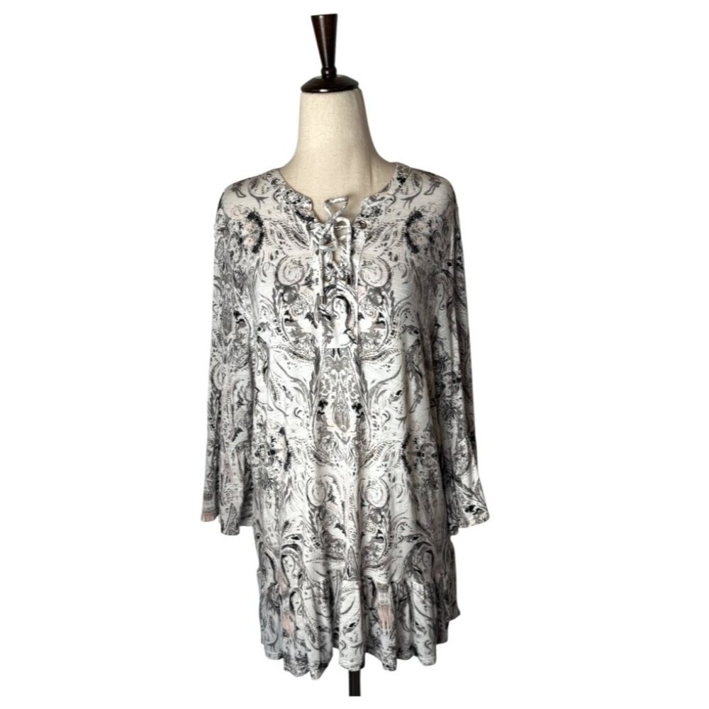 Tribal‎ Shirt Women Large Ivory Gray Floral Fleur Lace Up Neck Ruffle Hem Top